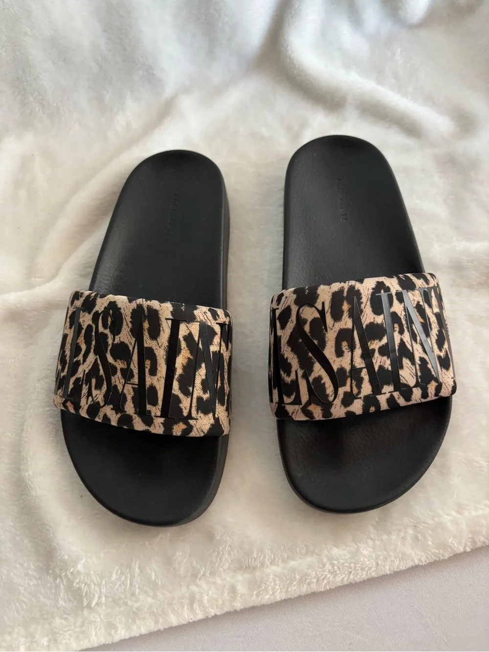 ALL SAINTS Signet Transfer Slide Sandal Leopard Print Black/Brown Size 8 - Picture 4 of 13